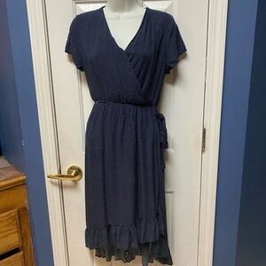 ELLE RAE Cross Body V Neck Ruffle Hem Cinch Waist Peasant Polka Dot Dress M.